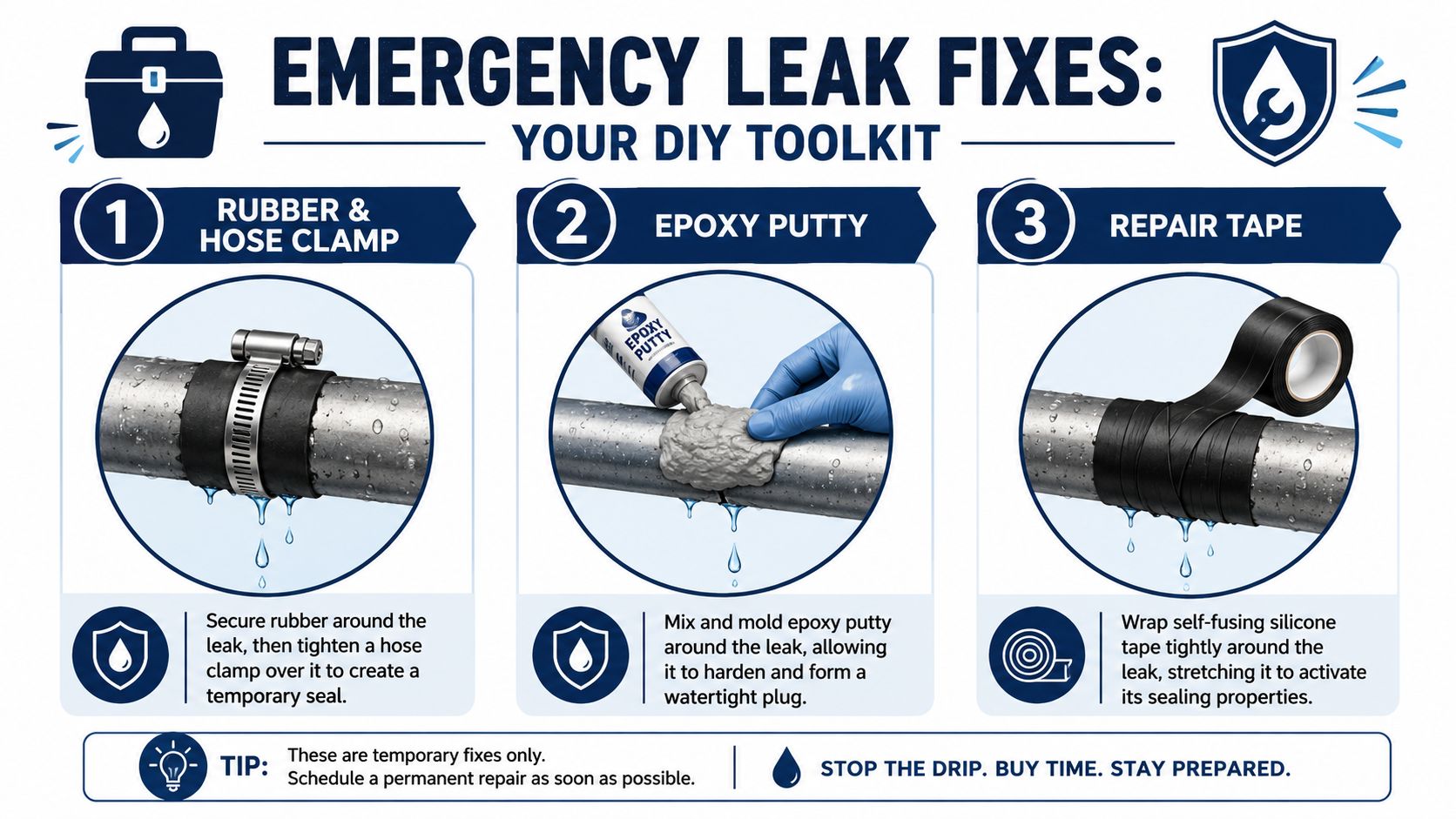 A DIY infographic illustrating three emergency methods to fix a leaky pipe using rubber, epoxy, or repair tape.