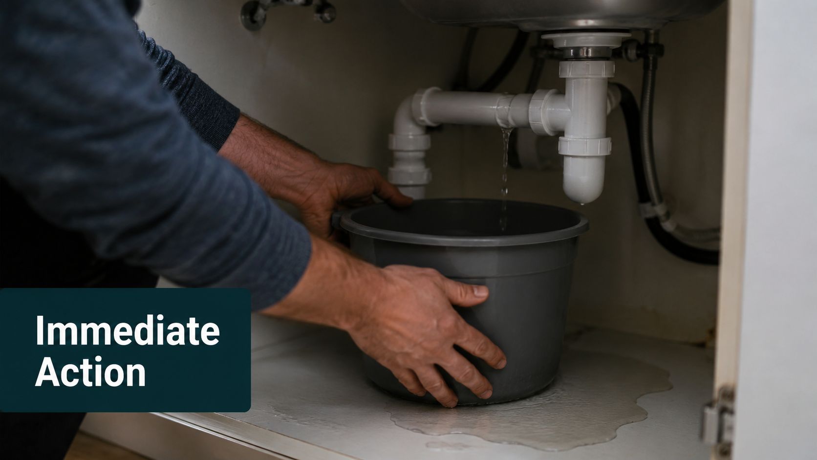 A person holds a bucket under a leaking sink pipe to catch dripping water in a kitchen.