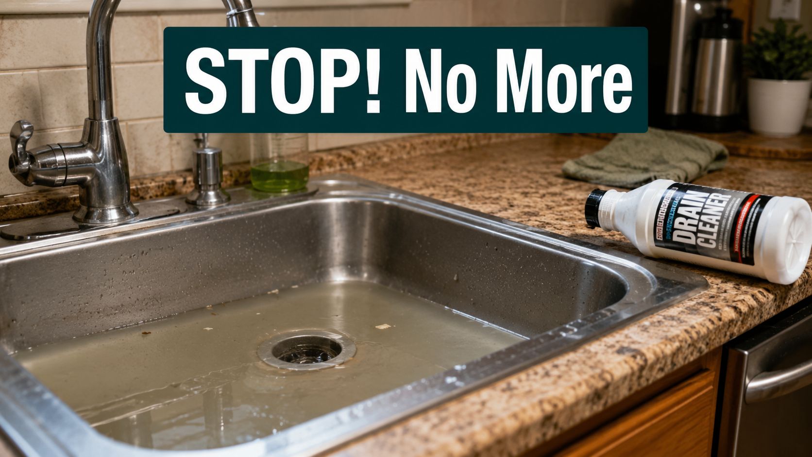 A clogged kitchen sink filled with dirty water next to a bottle of chemical drain cleaner.