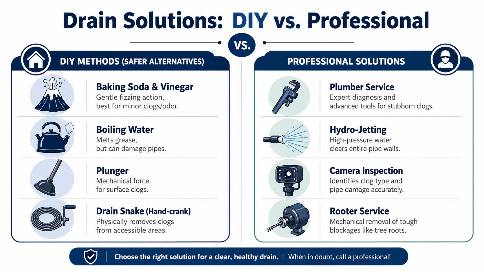 A comparison chart showing DIY drain cleaning methods versus professional plumbing solutions for homeowners.