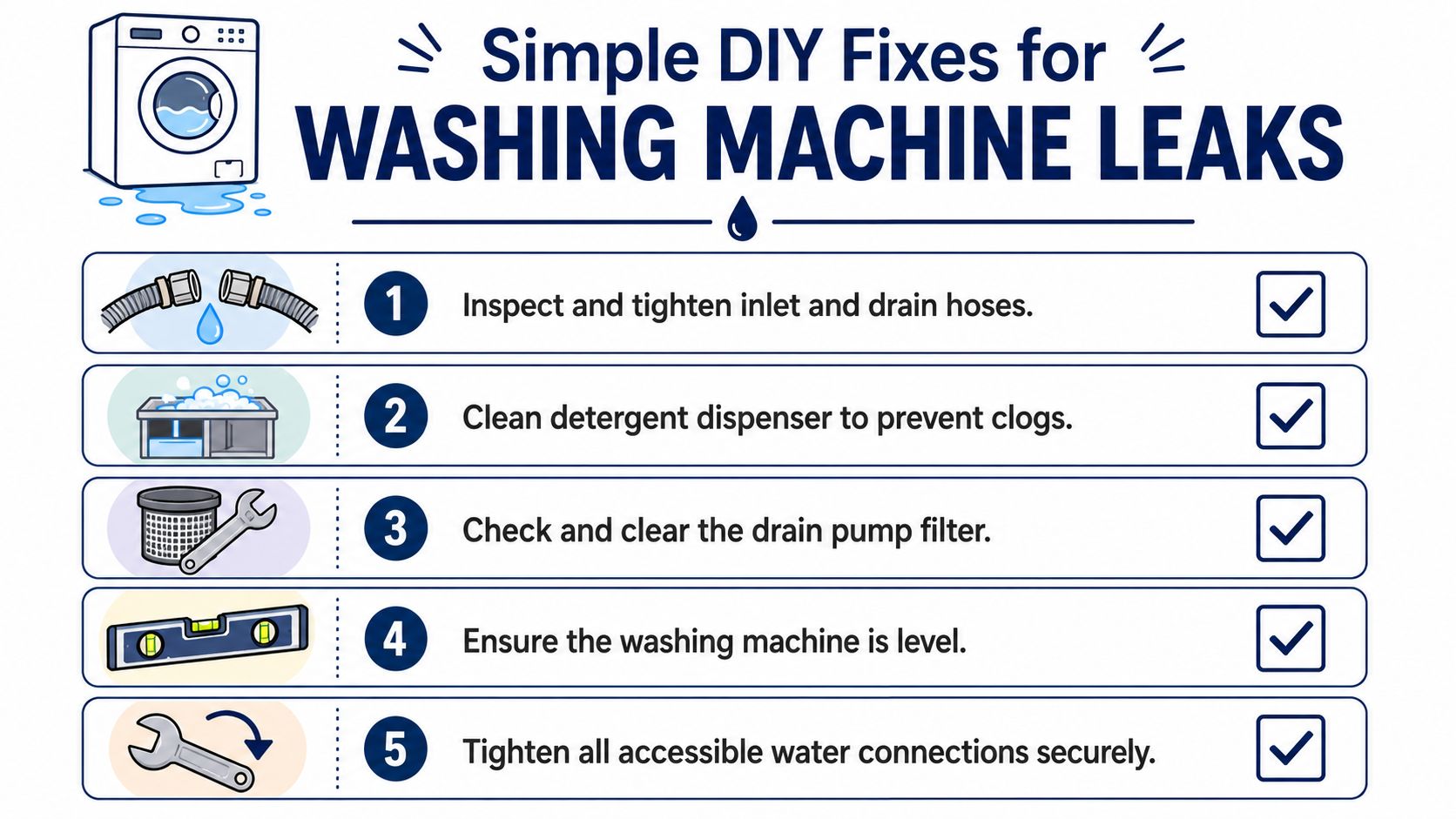 A five-step instructional guide providing simple DIY solutions for repairing a leaking washing machine at home.