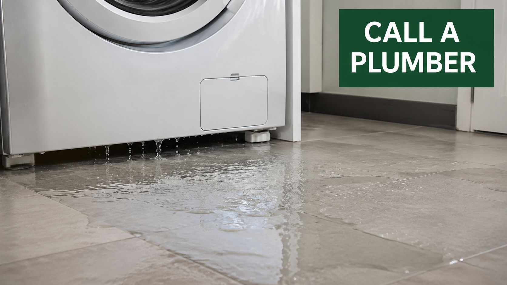 Water leaking from the bottom of a white washing machine onto a tiled floor in a laundry room.
