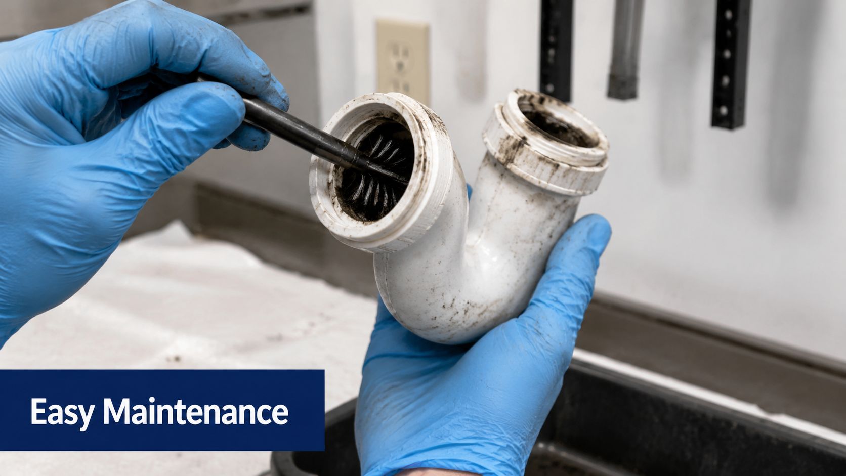 A person wearing blue gloves cleaning a white plastic P-trap plumbing pipe with a small brush.
