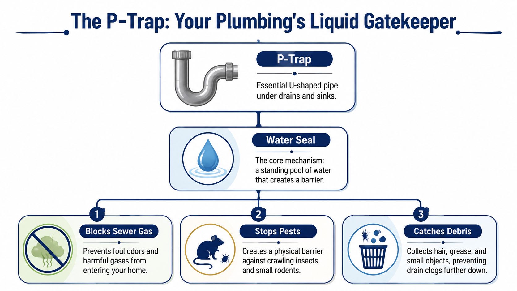 An infographic titled The P-Trap explaining how a U-shaped pipe uses a water seal to protect homes.
