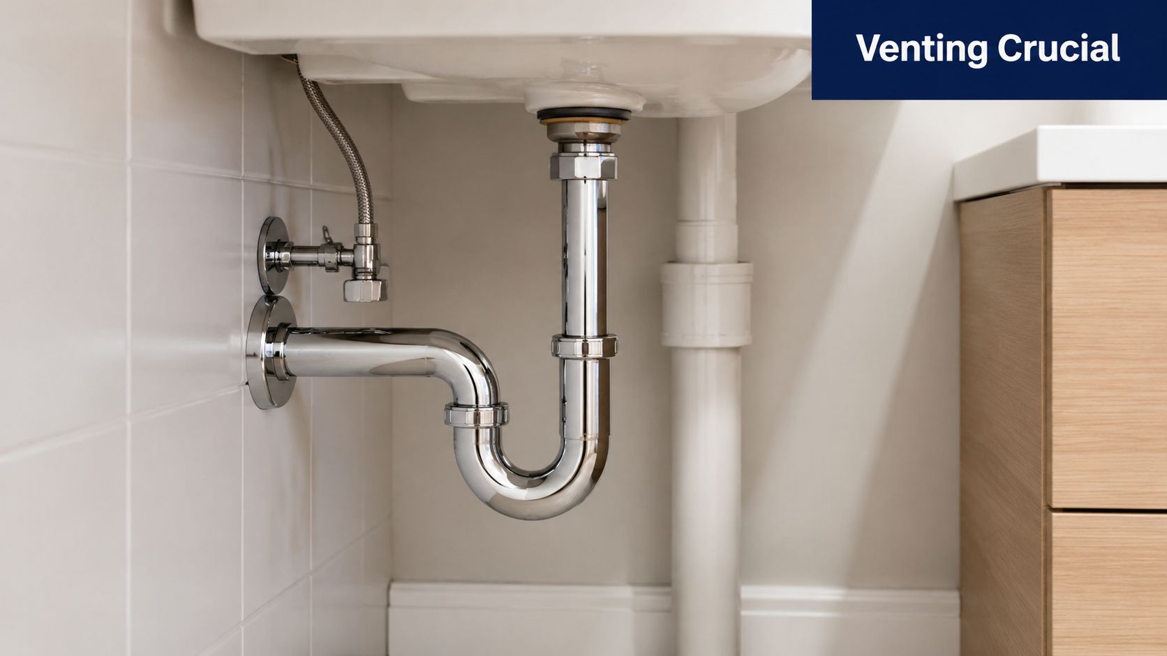 A close-up view of a chrome bathroom sink P-trap plumbing assembly under a white basin.