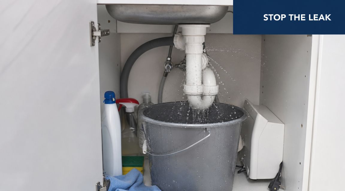 A leaking sink drain pipe dripping water into a grey plastic bucket inside a kitchen cabinet.