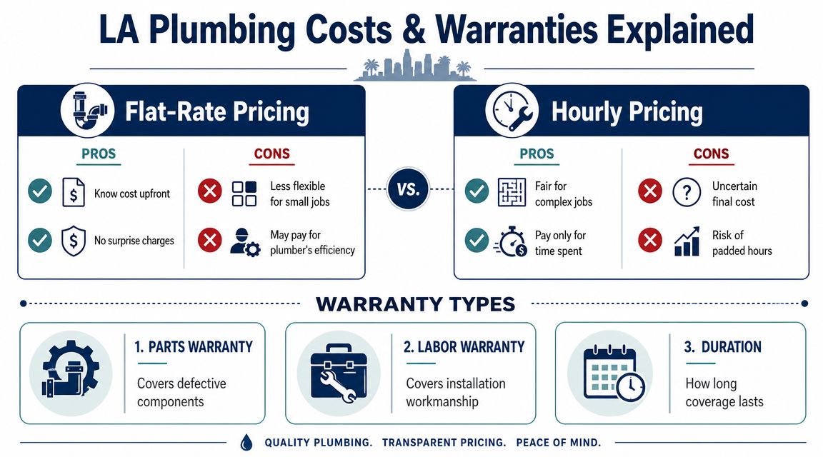 A comparison chart showing pros and cons of flat-rate versus hourly plumbing pricing and warranty types.