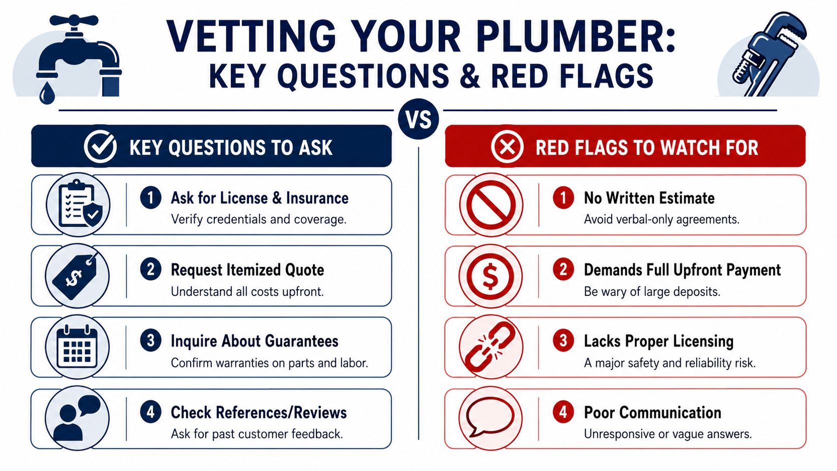 An infographic titled Vetting Your Plumber, detailing four key questions to ask and four red flags to avoid.