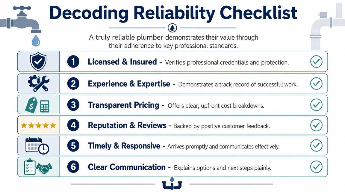 A six-point infographic checklist outlining key professional standards to consider when hiring a reliable plumber.