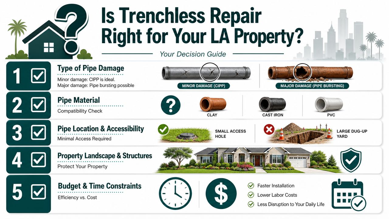 A five-step guide infographic illustrating factors to consider when deciding on trenchless sewer pipe repair methods.