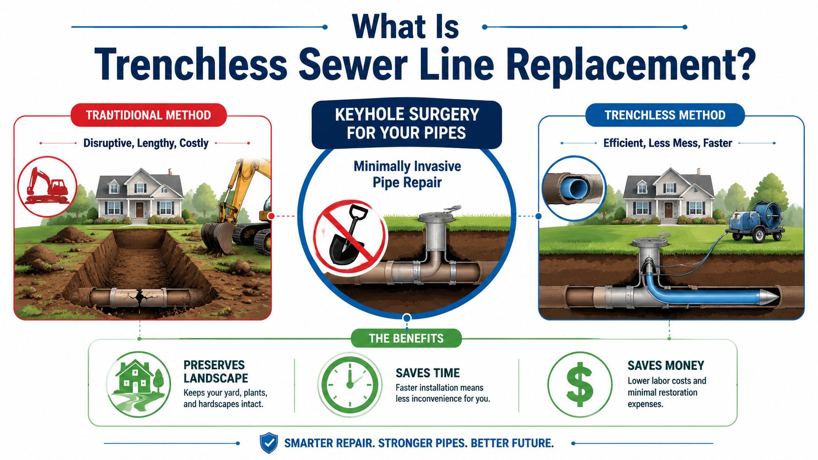 An infographic comparing traditional and trenchless sewer line replacement methods, highlighting benefits like saving time and money.