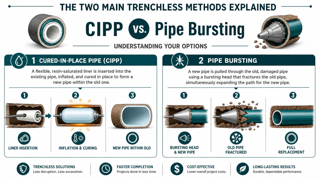 An infographic comparing CIPP lining and pipe bursting as two common trenchless sewer line replacement methods.