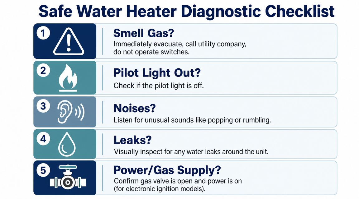 A safety diagnostic checklist for water heaters, covering gas leaks, pilot lights, unusual noises, and supply issues.