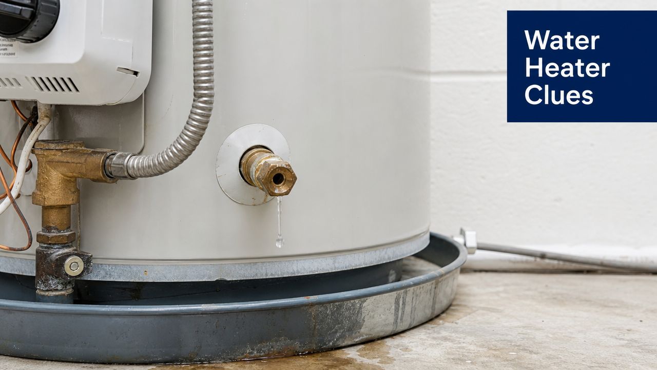 A close-up view of a leaking water heater valve dripping into a metal catch pan.