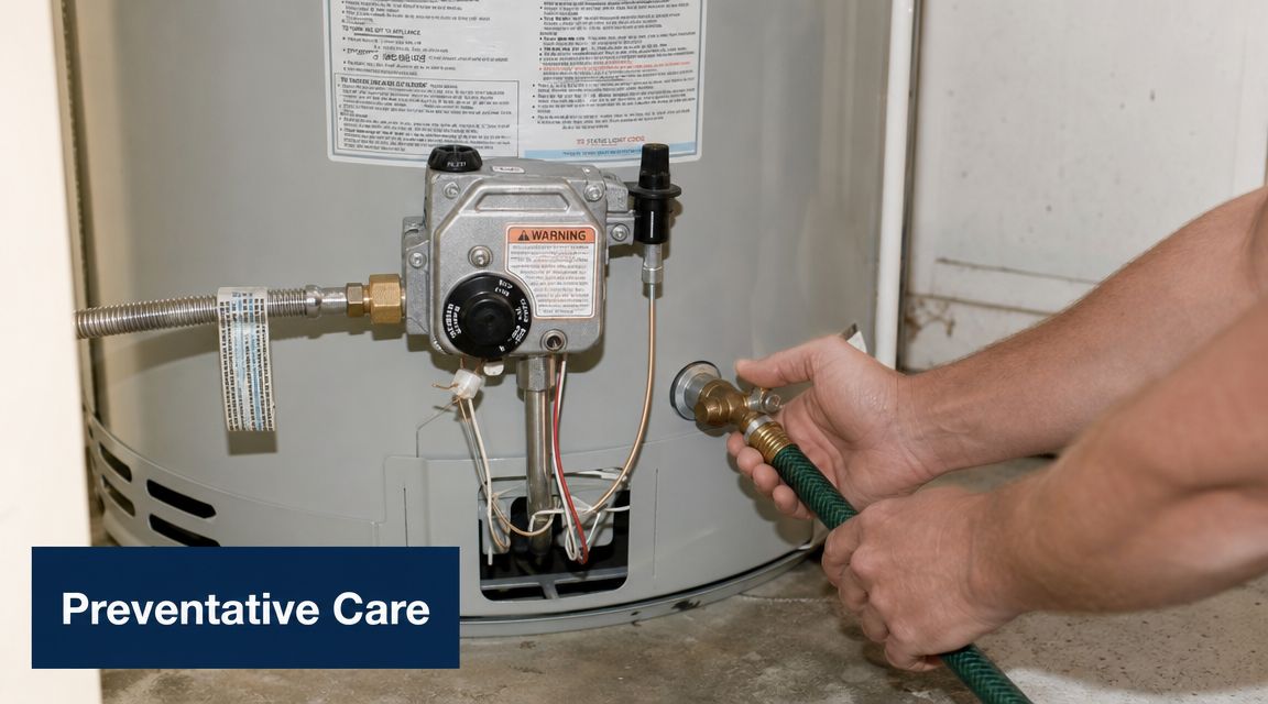 A person connecting a garden hose to the drain valve of a residential gas water heater.