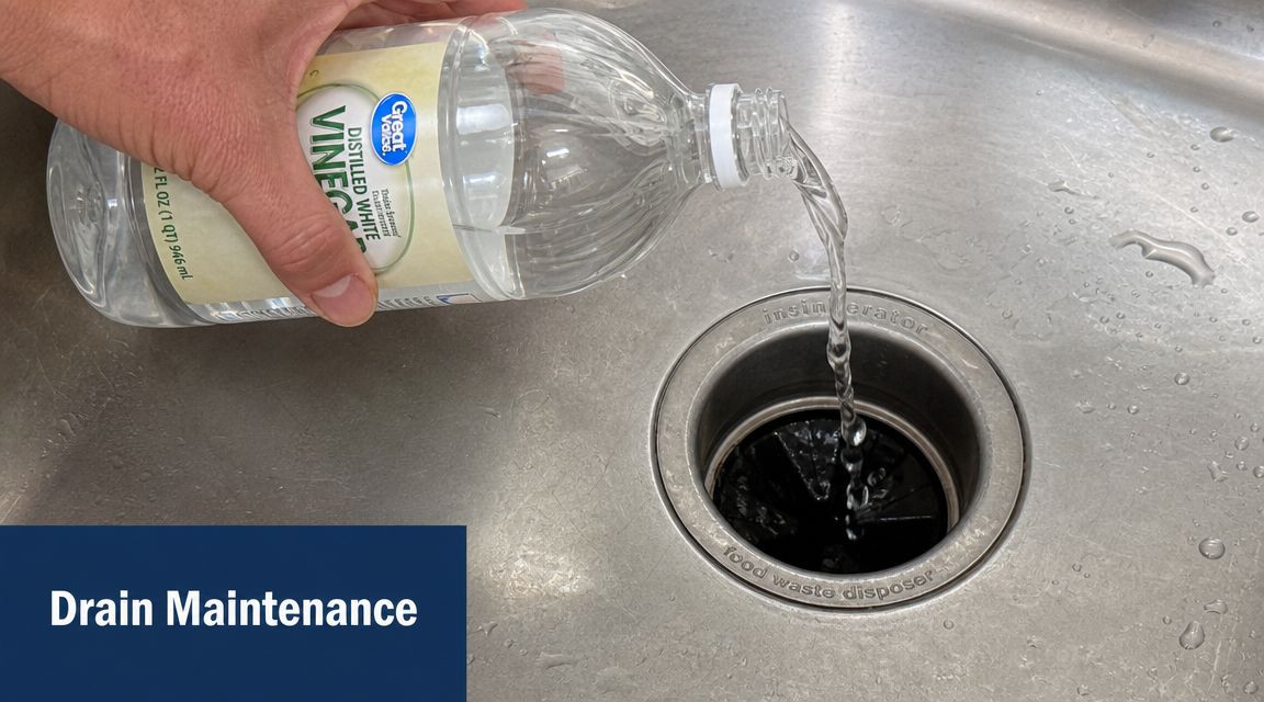 A person pouring distilled white vinegar from a plastic bottle into a kitchen sink drain for maintenance.