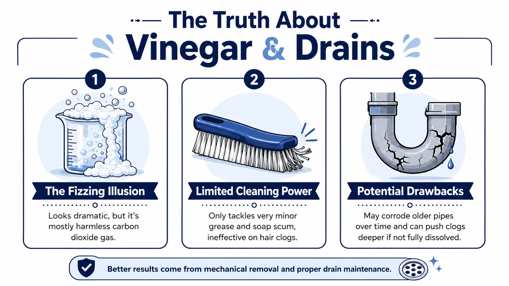 An infographic showing the ineffective use of vinegar for unclogging drains with three key numbered points.