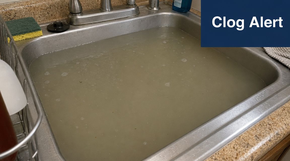 A kitchen sink filled to the brim with standing dirty water indicating a severe plumbing drain clog.