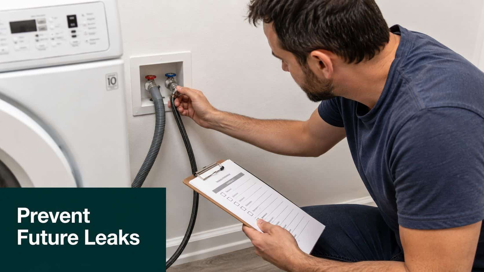 A professional maintenance technician inspecting washing machine water connections while holding a clipboard for a home maintenance assessment.