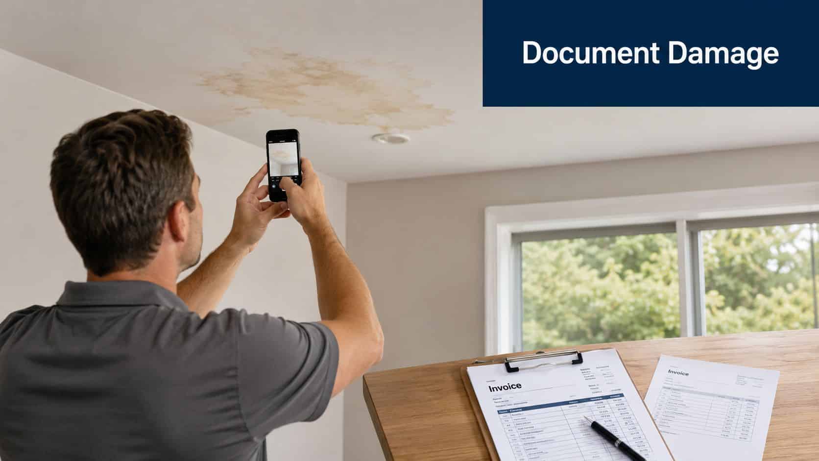 A man taking a photo of a water-damaged ceiling stain while preparing an invoice for repair services.