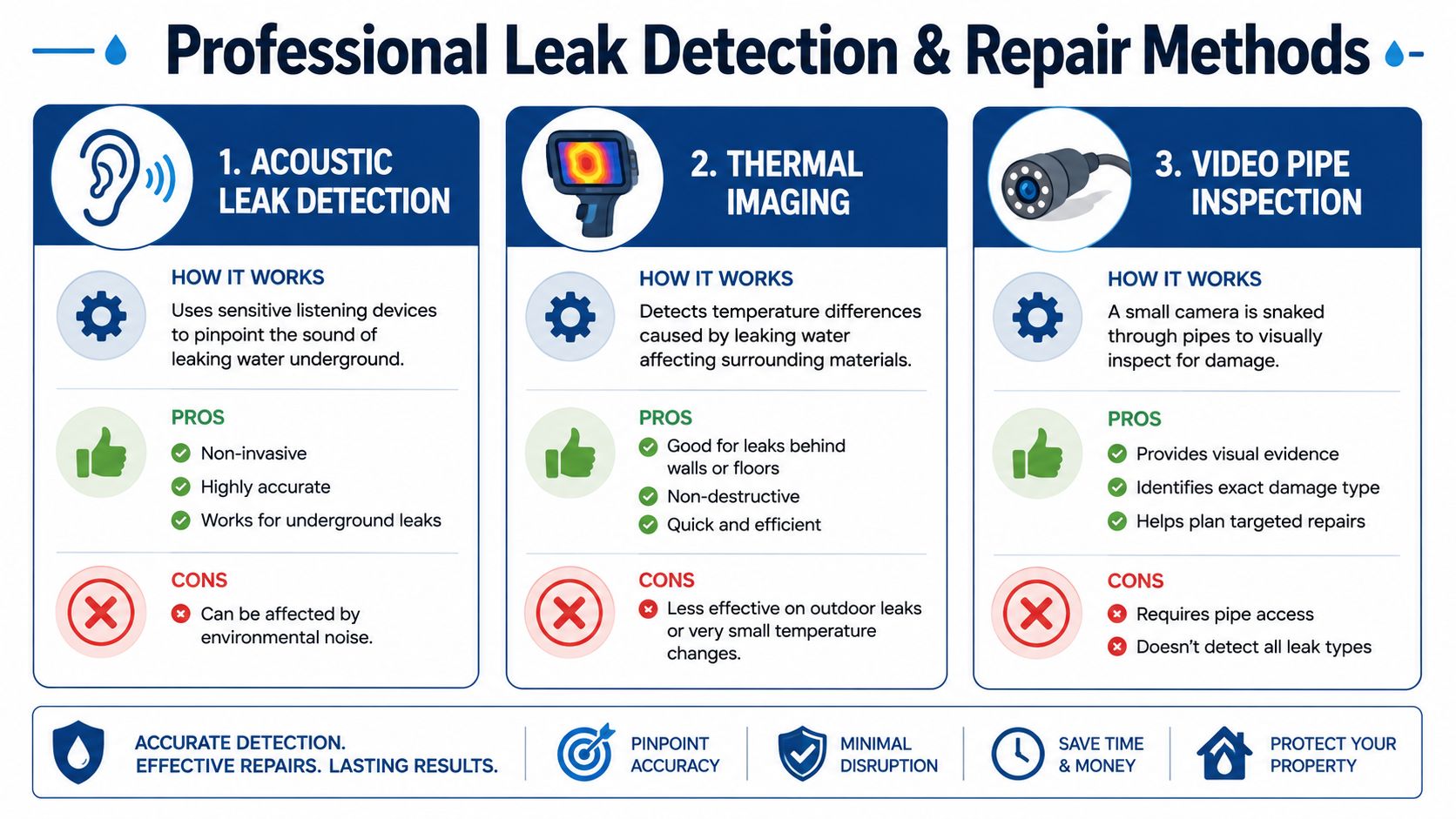 A professional infographic comparing acoustic detection, thermal imaging, and video pipe inspection for plumbing leak repair.
