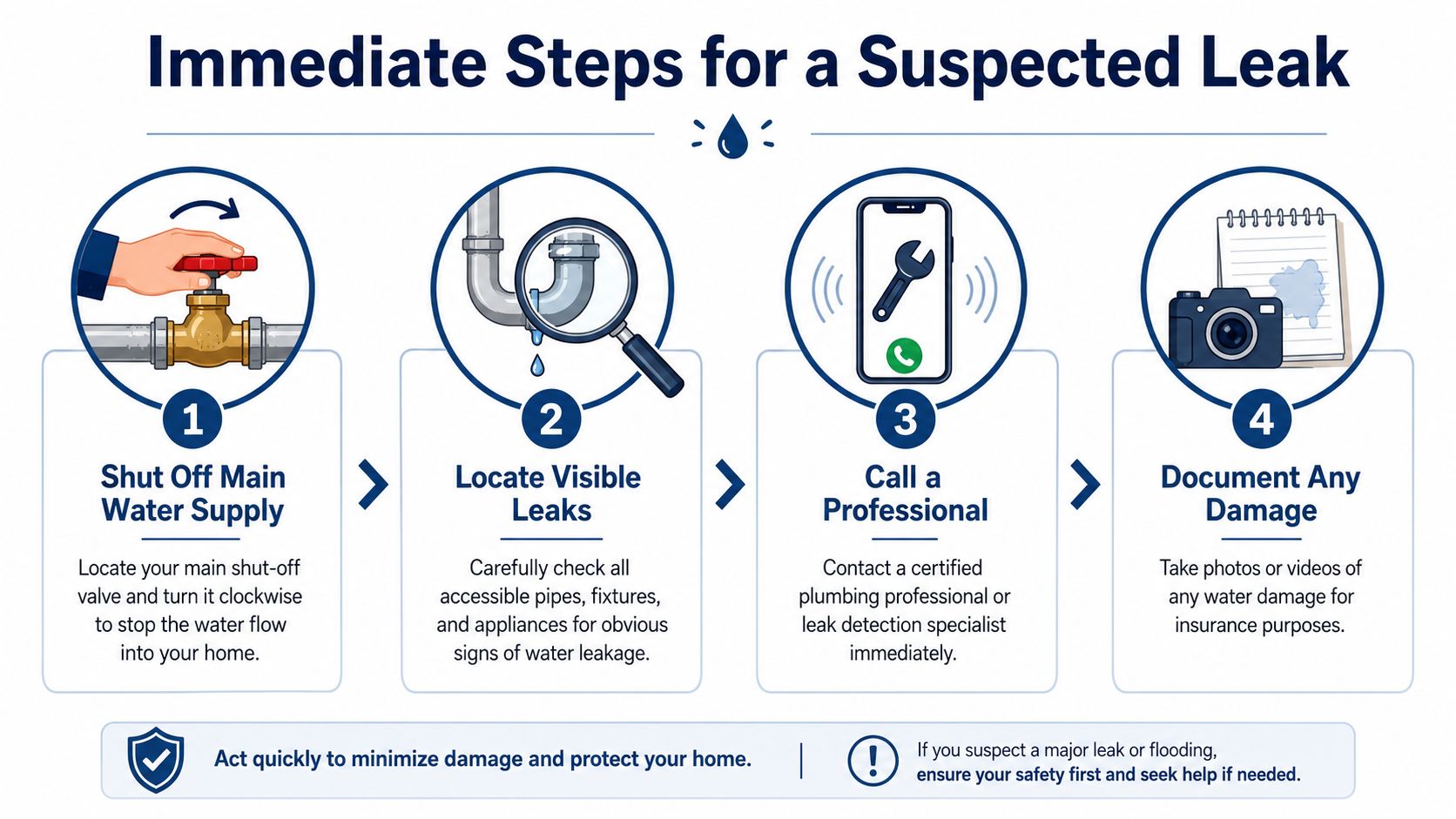 An infographic showing four immediate steps to take when you suspect a water leak in your home.
