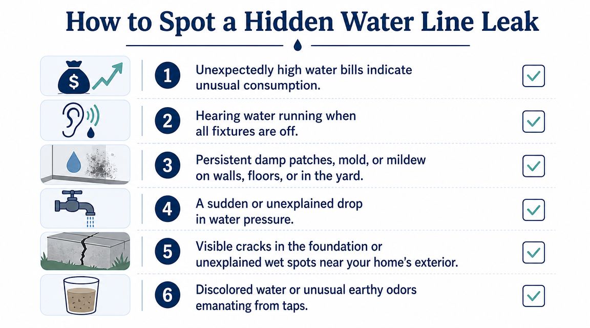 A helpful infographic listing six common signs that indicate you might have a hidden water line leak.