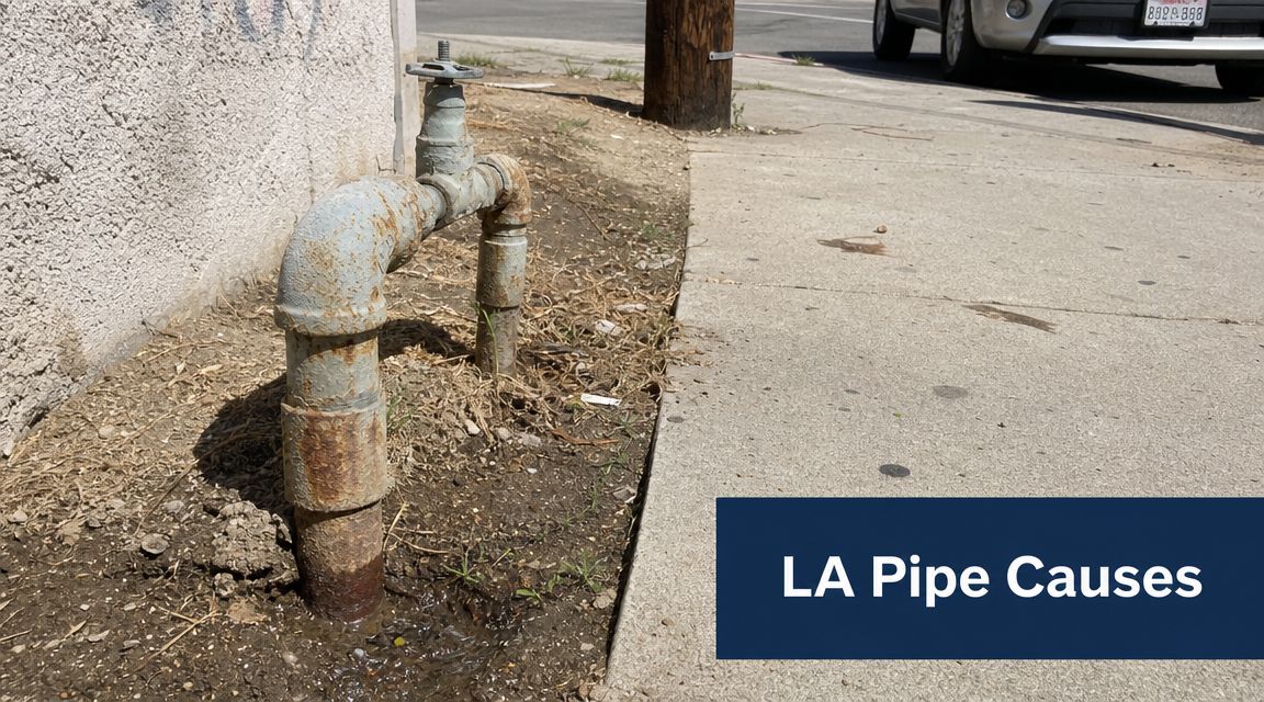 An old, rusted metal pipe leaking water onto the dirt next to a concrete sidewalk.
