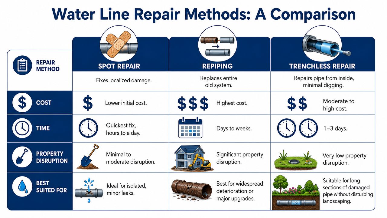 A comparison chart outlining the cost, time, and disruption of spot repair, repiping, and trenchless water line repairs.