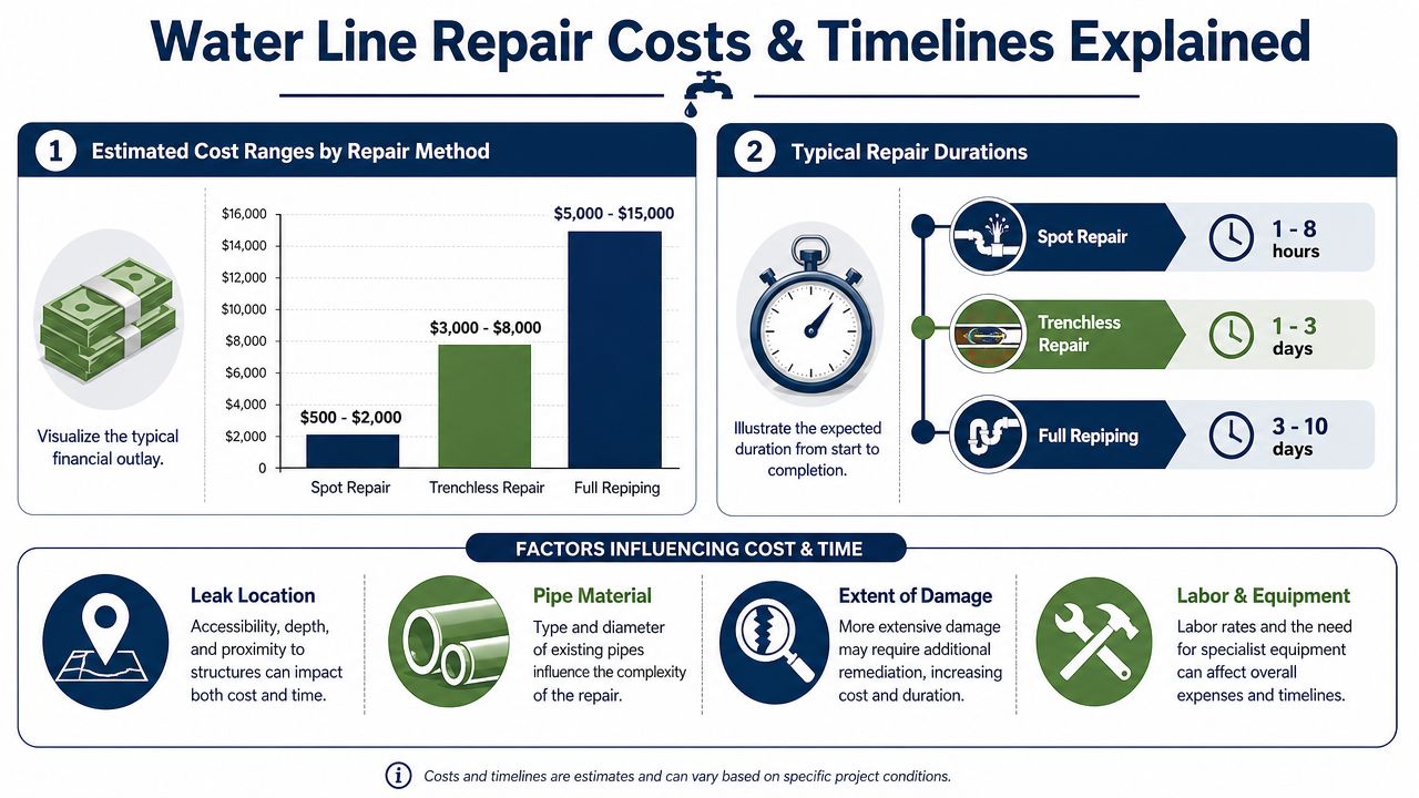 An infographic detailing estimated costs and timelines for various residential water line repair and replacement methods.