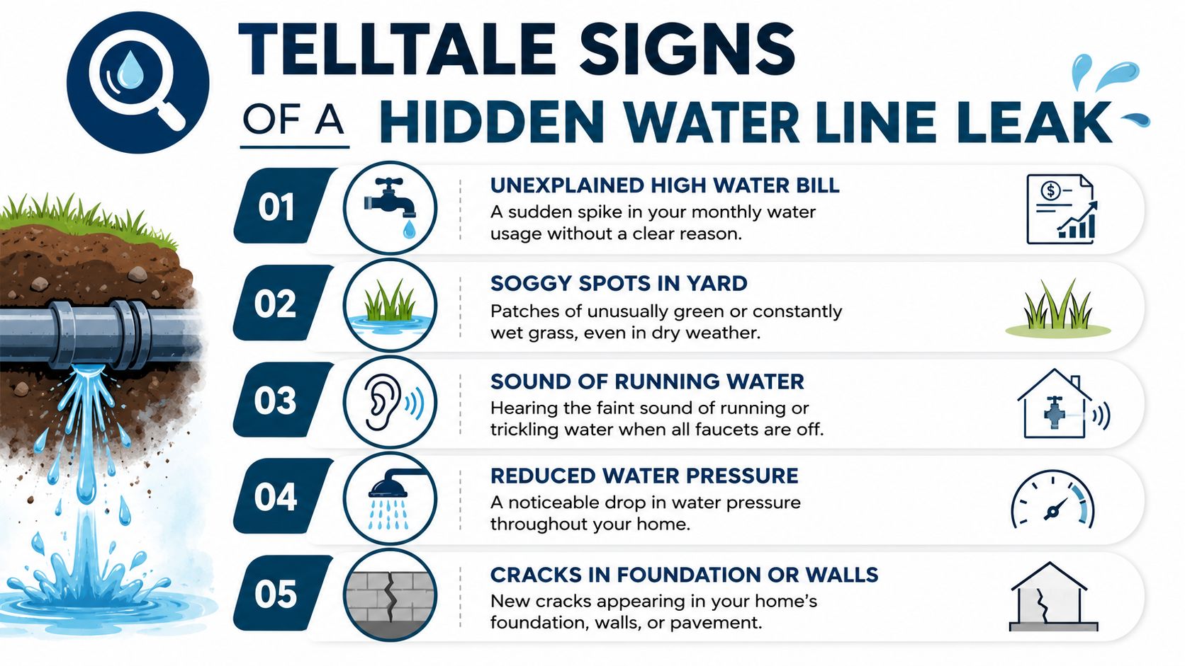 An infographic showing five telltale signs of a hidden water line leak with descriptive icons and text.