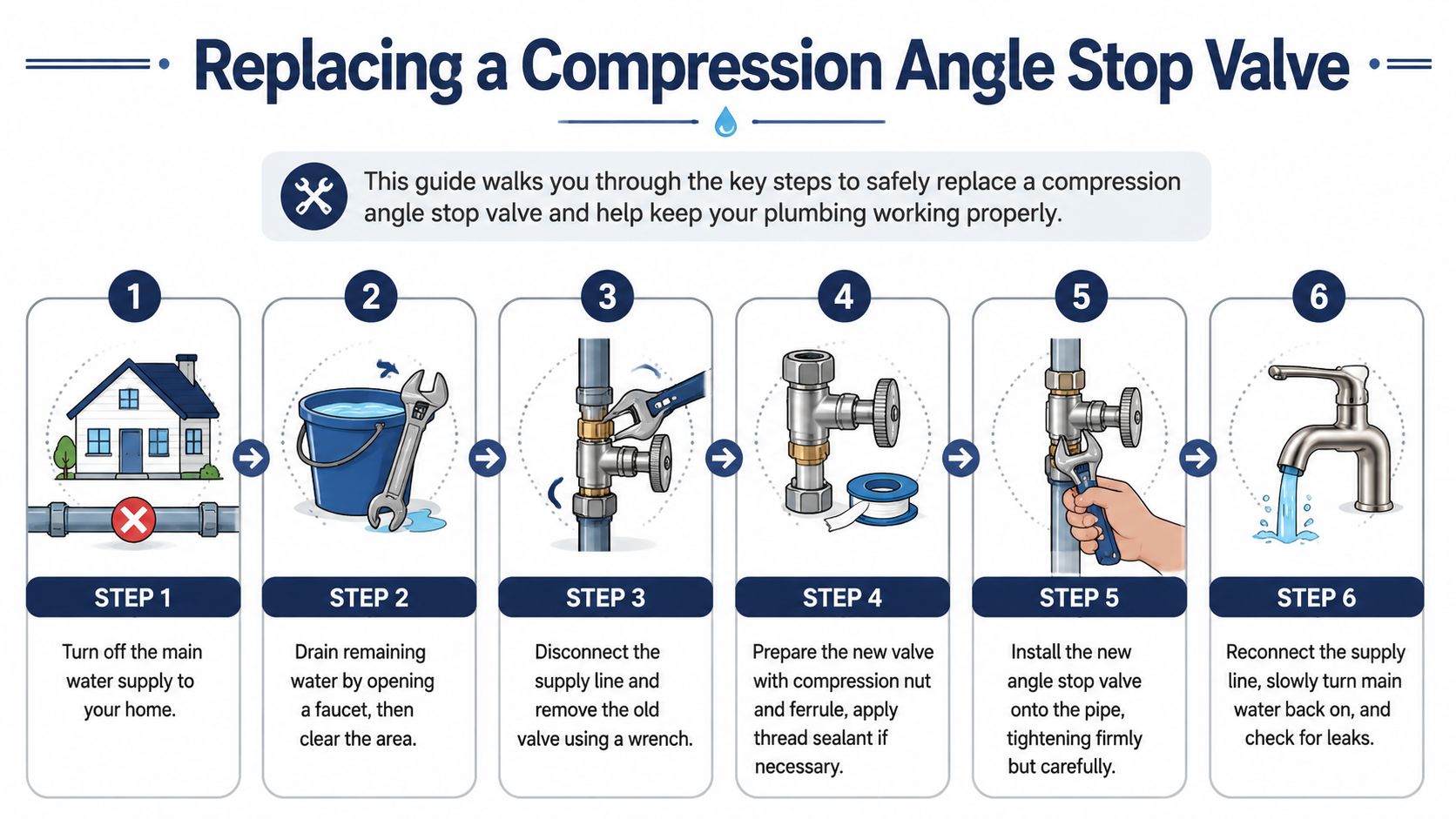 A six-step infographic guide showing how to replace a compression angle stop valve for plumbing repairs.