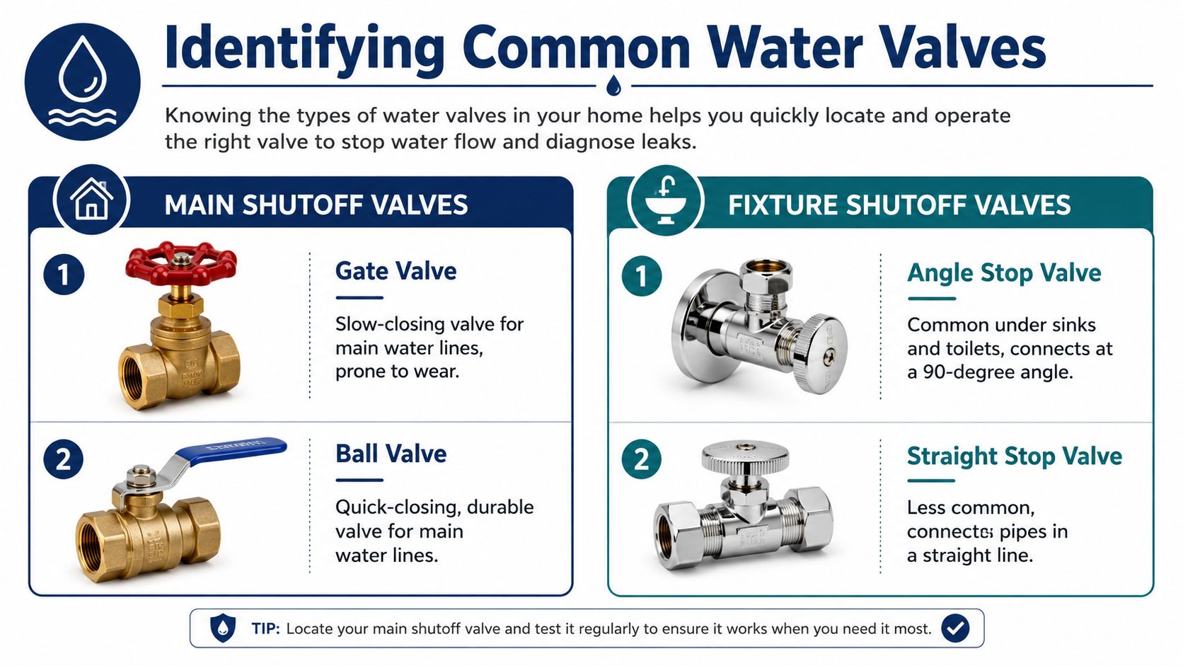 An infographic displaying different types of common home water valves, including gate, ball, angle stop, and straight stop valves.