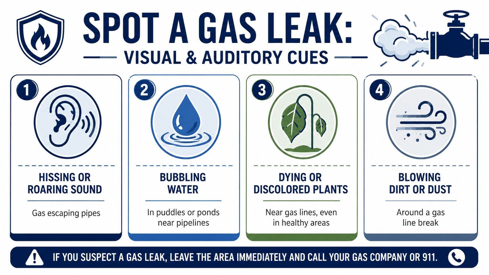 An infographic showing visual and auditory warning signs of a gas leak for safety awareness.