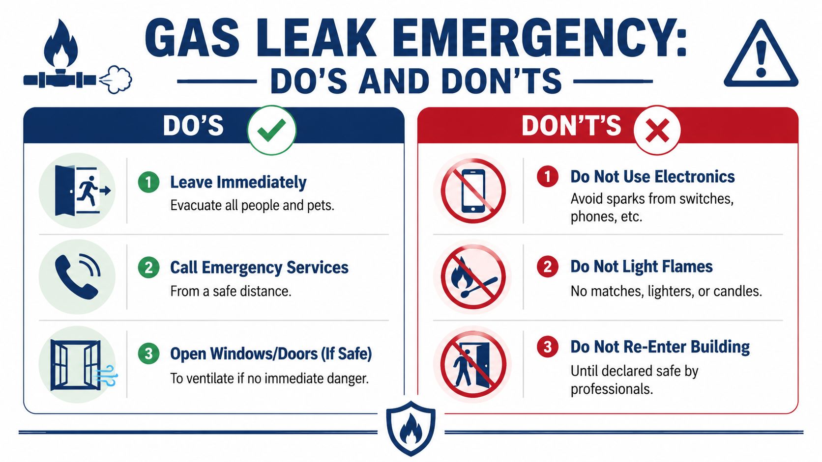 An infographic displaying essential safety do's and don'ts during a gas leak emergency for building evacuation.