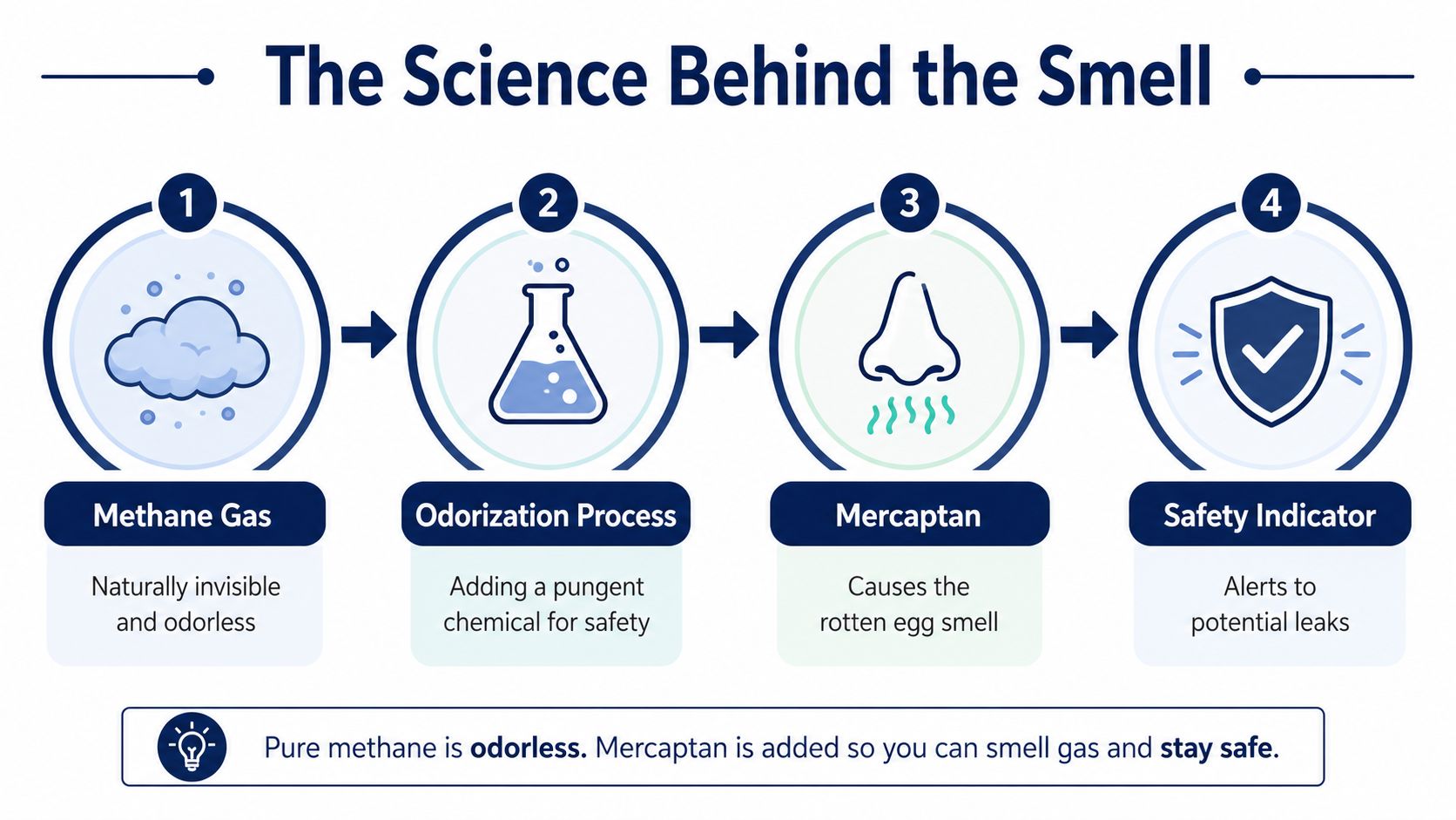 An infographic titled The Science Behind the Smell explaining that methane is odorless and mercaptan is added for safety.