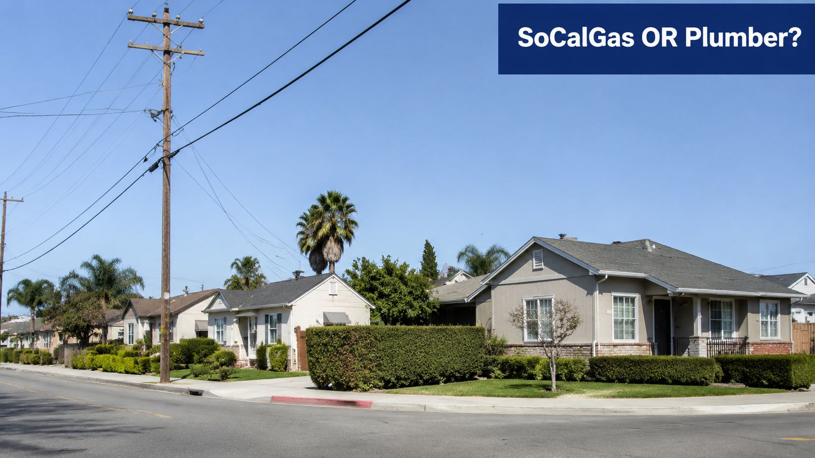 A suburban residential street in California with single-story homes, trees, and power lines under a clear sky.
