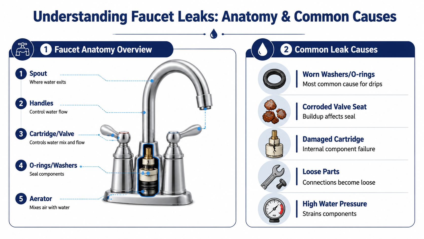 An infographic showing the components of a faucet and five common causes of plumbing leaks.