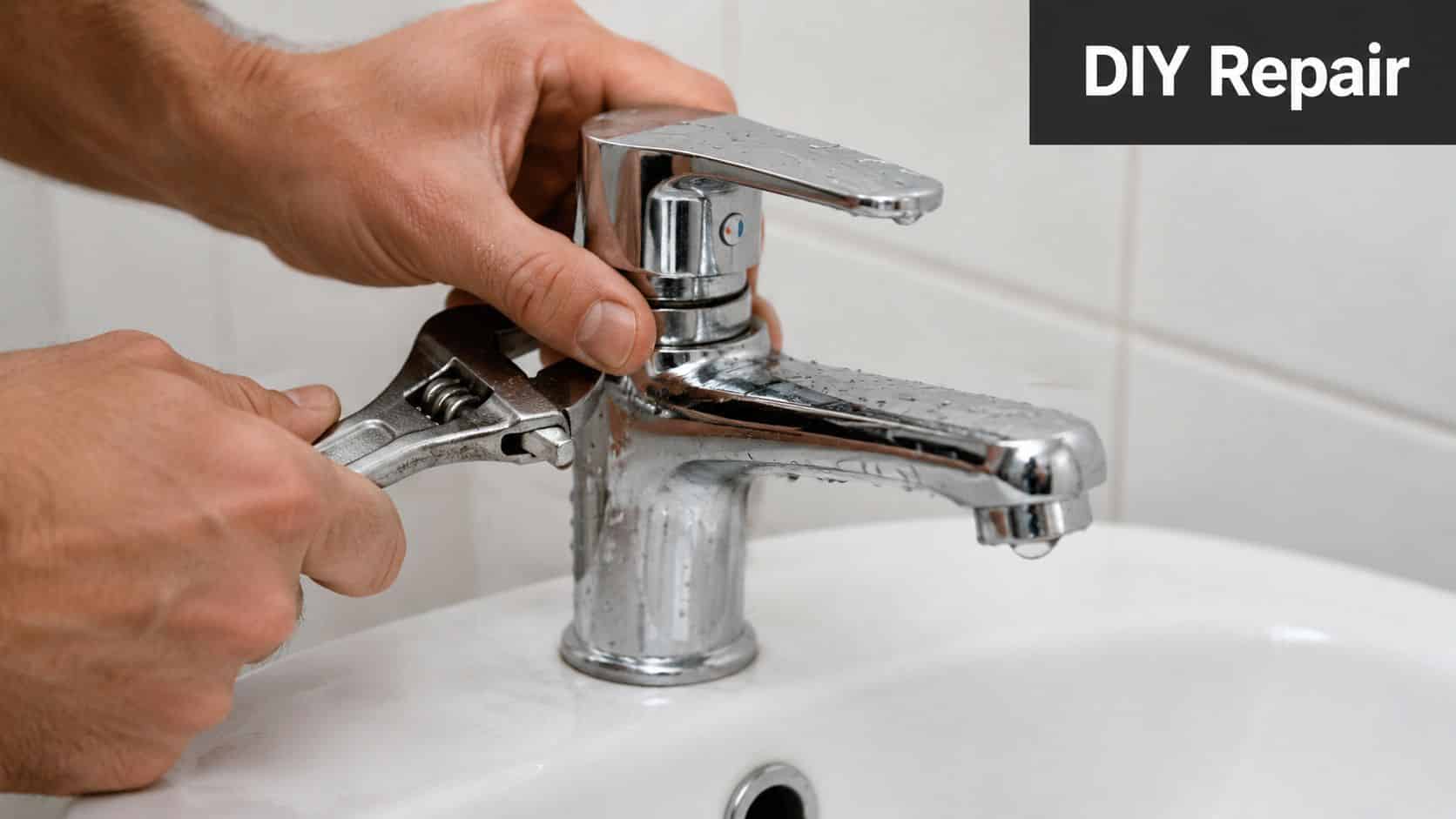 A close-up view of a person using a wrench to repair a dripping bathroom faucet.