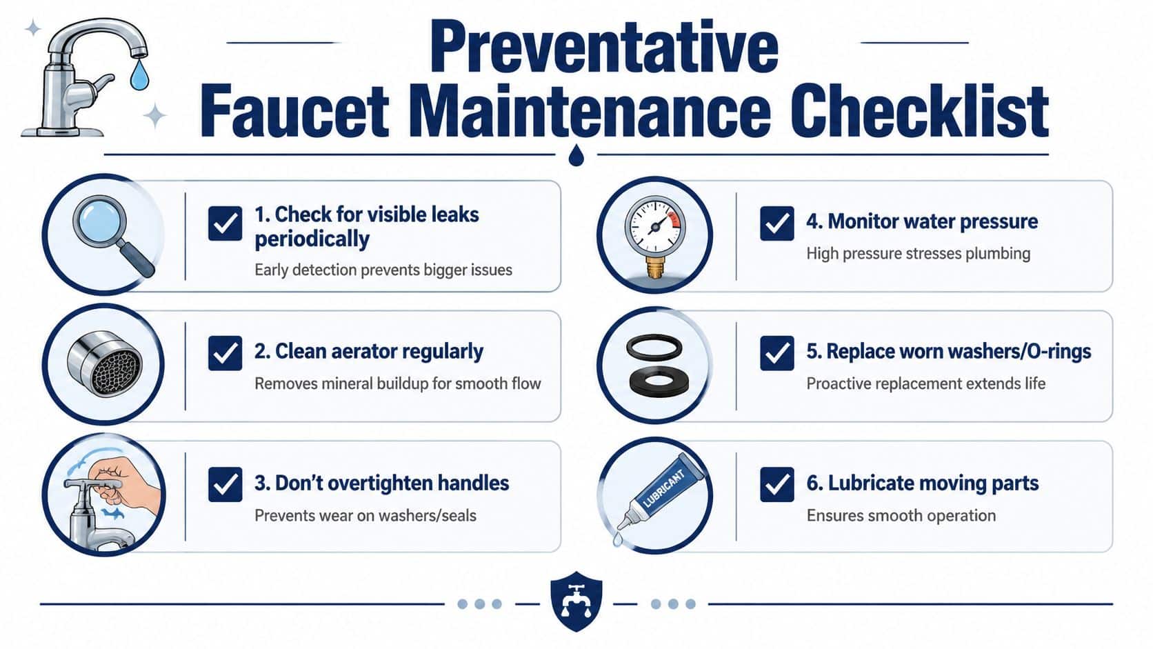 An infographic titled Preventative Faucet Maintenance Checklist showing six essential tips to prevent household plumbing leaks.
