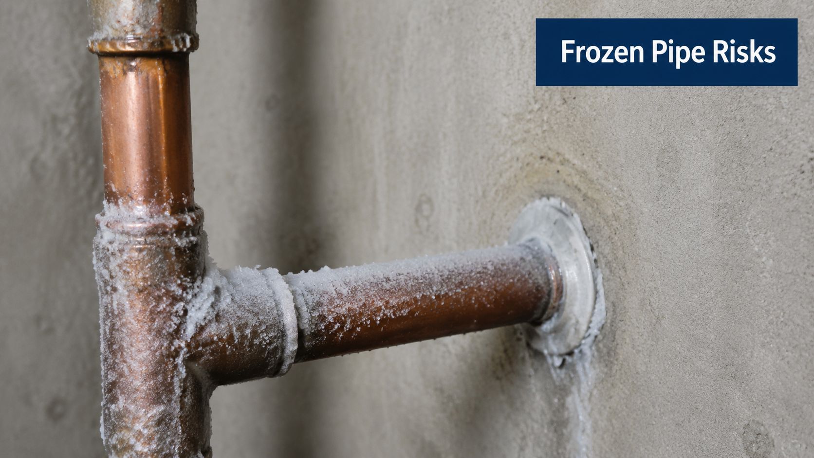 A close-up view of a copper plumbing pipe covered in frost attached to a concrete wall.