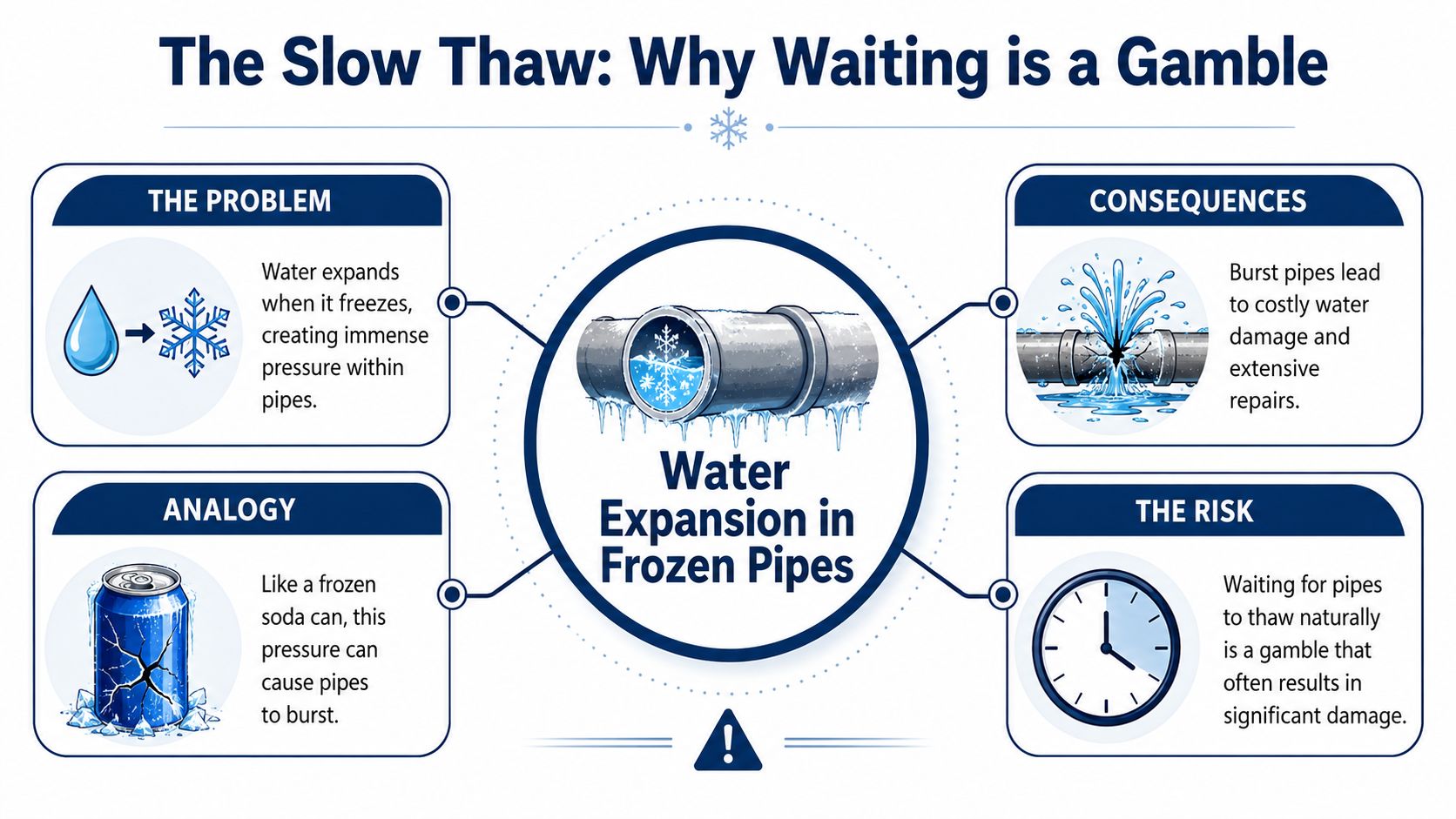 An infographic explaining the risks and consequences of waiting for frozen water pipes to thaw naturally.