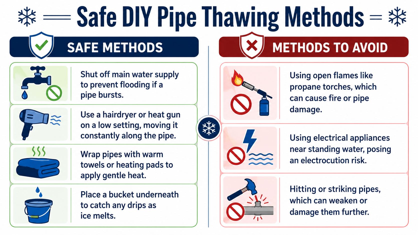 An infographic showing safe DIY pipe thawing methods versus dangerous techniques to avoid during winter.