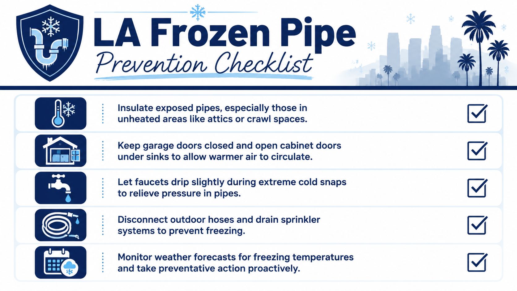 A checklist infographic providing five essential tips to help prevent pipes from freezing during cold weather.