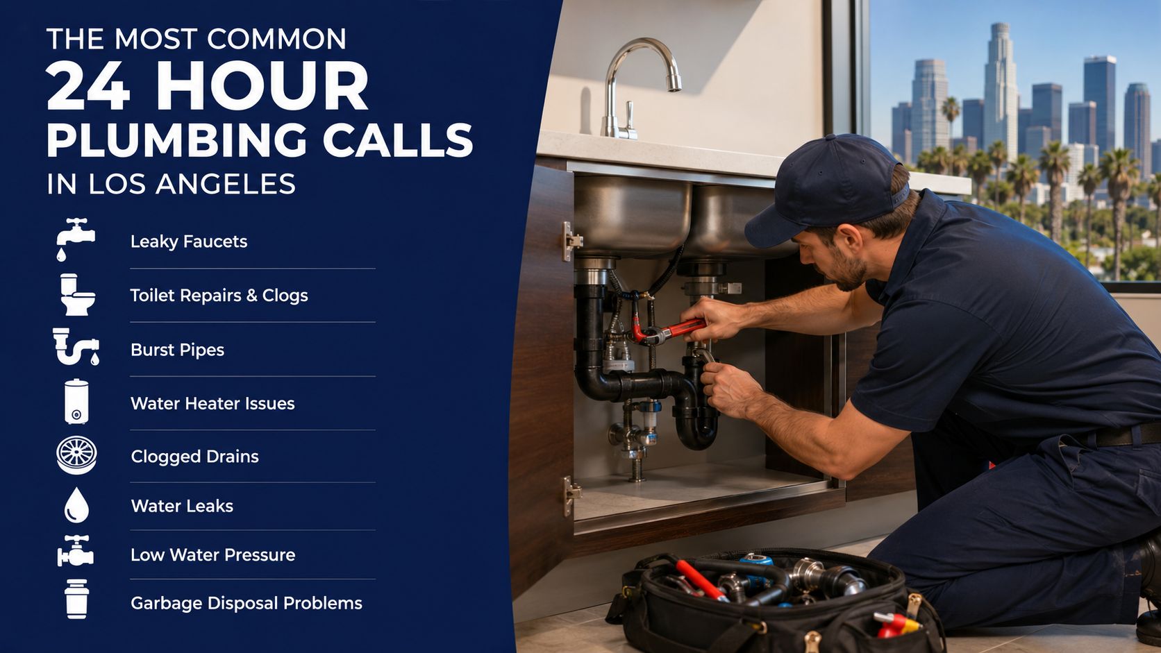 A professional plumber fixing a sink under a cabinet with the Los Angeles city skyline visible behind.