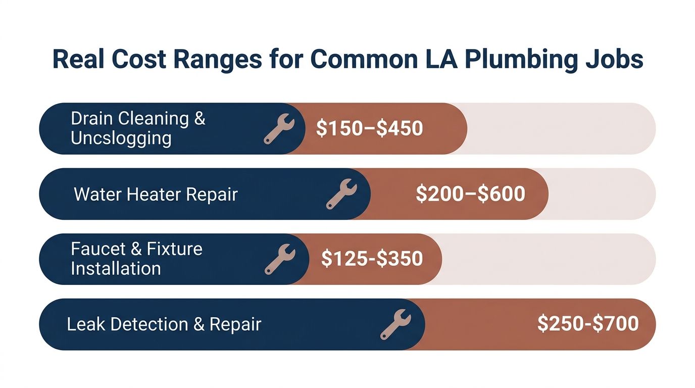 A chart showing real cost ranges for common plumbing jobs like drain cleaning and water heater repair.