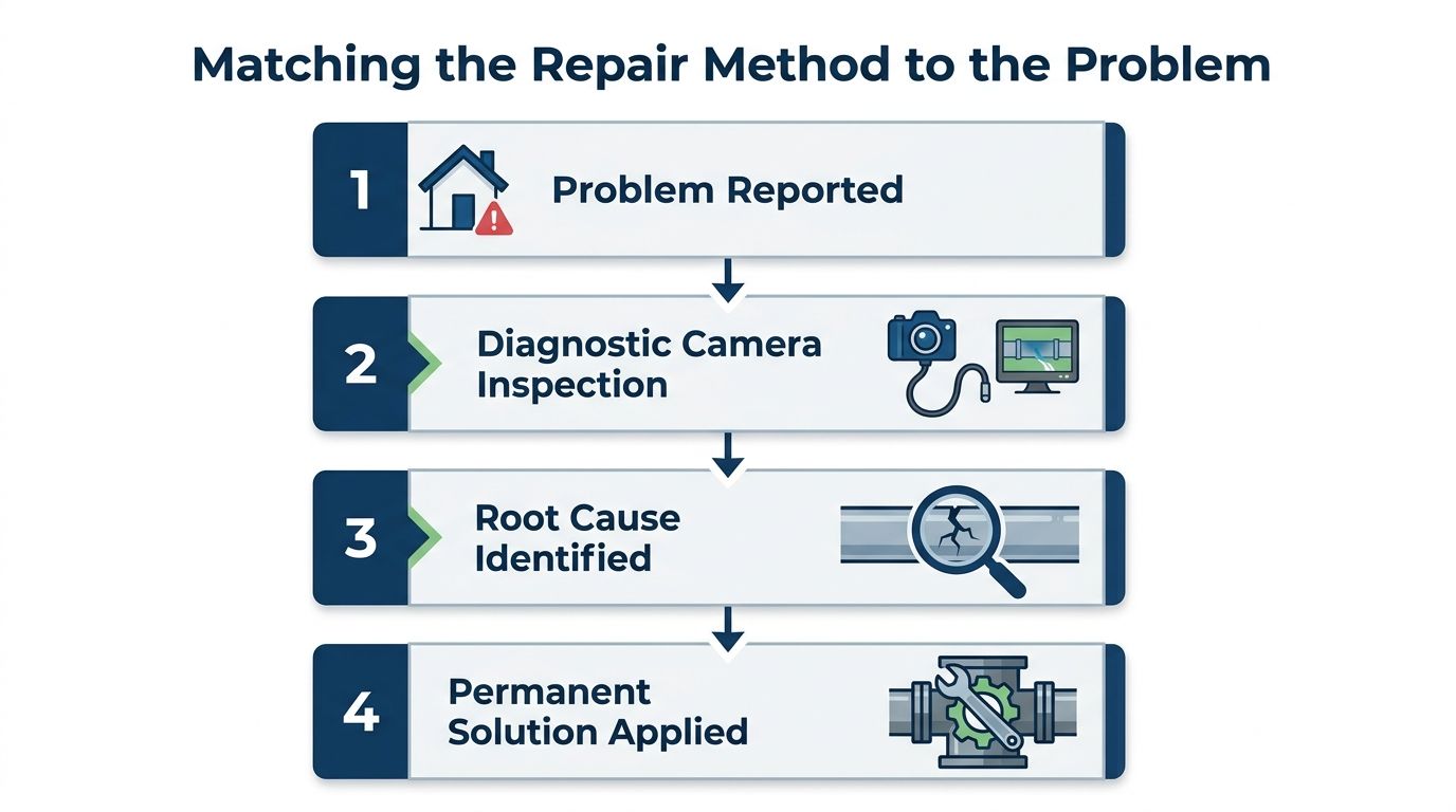 A flow chart illustrating the four-step process for professional plumbing repair, from initial reporting to the final solution.
