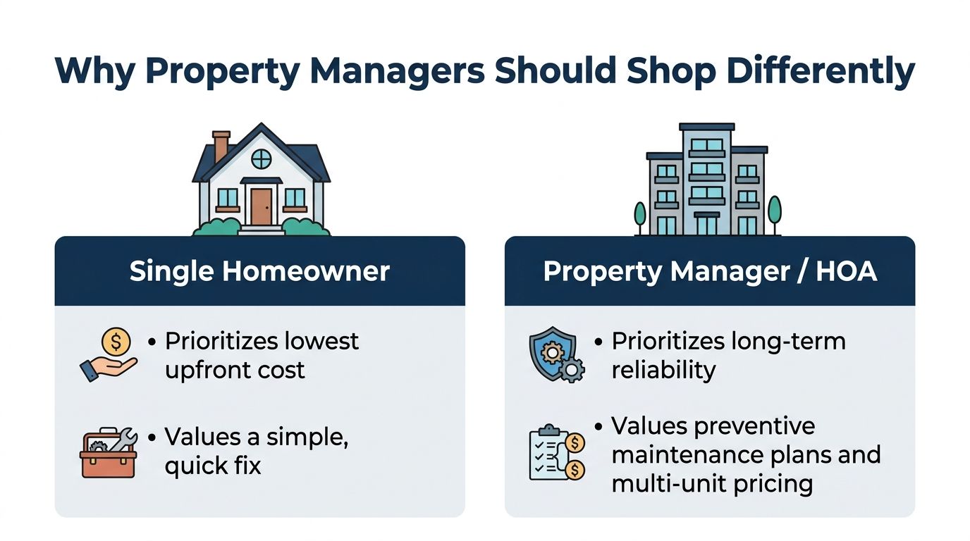 A comparison chart showing why property managers and HOAs should prioritize long-term reliability over lowest upfront costs.