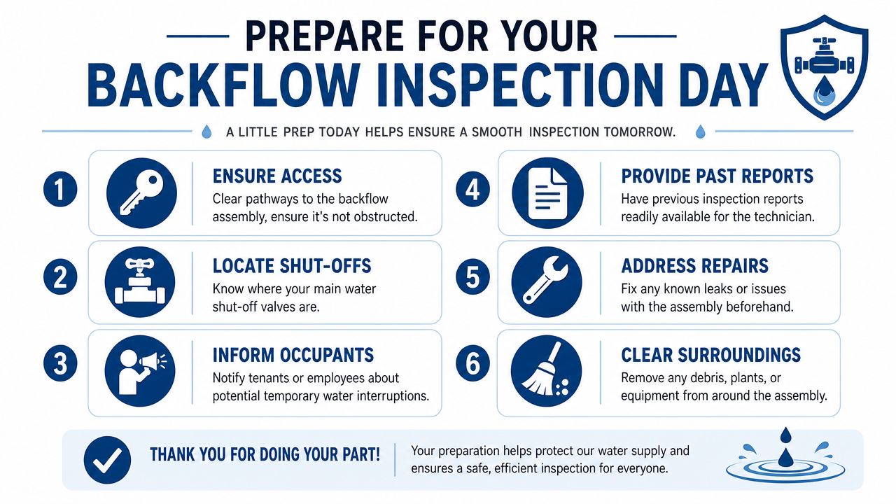 An infographic titled Prepare for your Backflow Inspection Day with six essential steps for property owners.