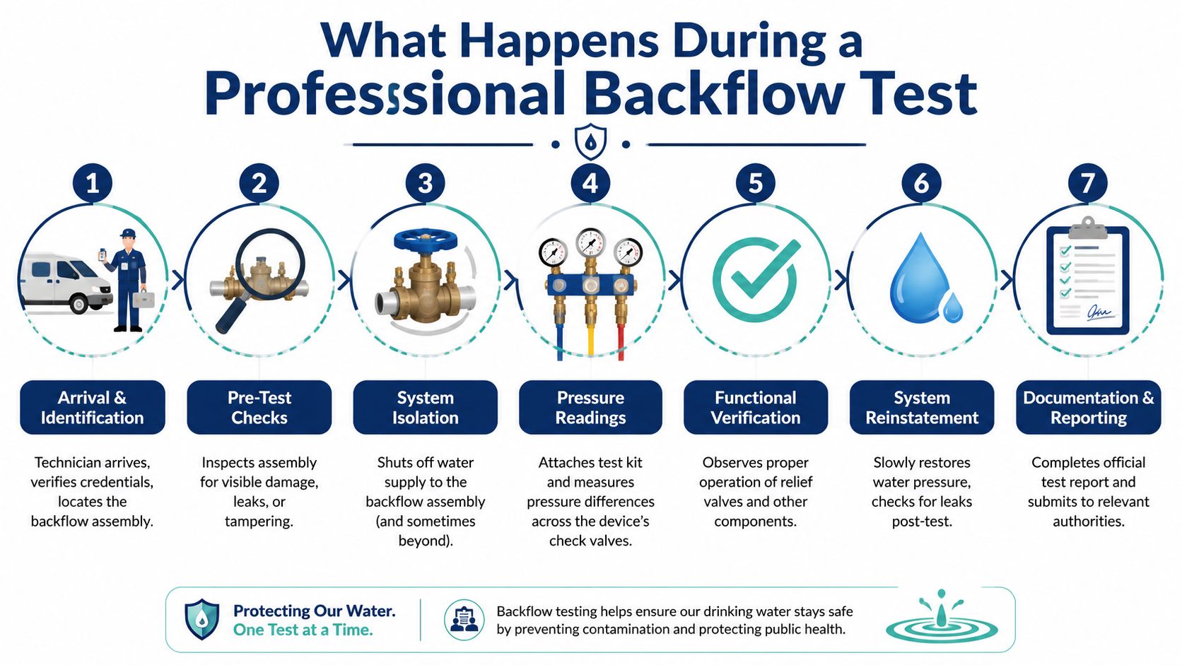A seven-step infographic explaining the professional backflow testing process for ensuring safe drinking water.